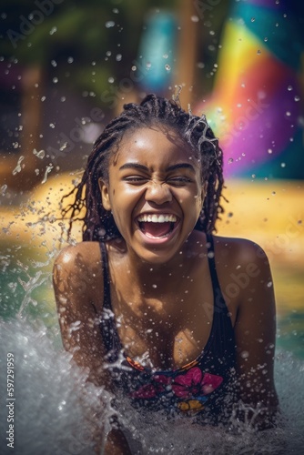 Vibrant portrait of a young black woman having the time of her life at a water park, splashing around with a carefree expression. Created with generative A.I. technology. © ahoi!