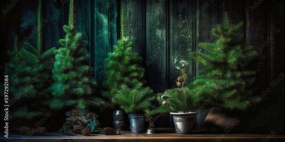 a black wood background with fir trees on it