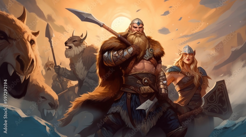 Fototapeta premium World inspired by Norse mythology, with fierce Vikings, epic battles, and divine creatures