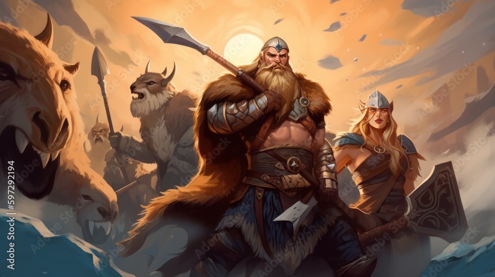 World inspired by Norse mythology, with fierce Vikings, epic battles, and divine creatures