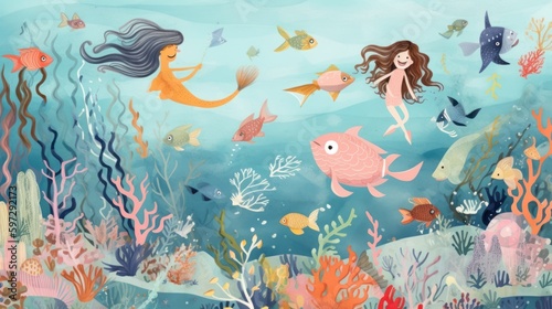Whimsical underwater world inhabited by mermaids and sea creatures