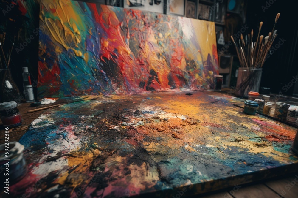 Image showcasing Abstract expressionism on canvas with chaotic shapes, paint stains ...