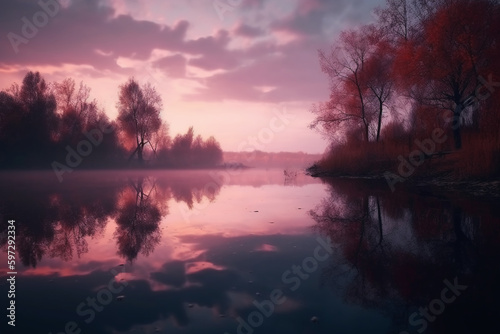 A scene in which the entire pink sky is reflected in the water. AI generative © SANGHYUN