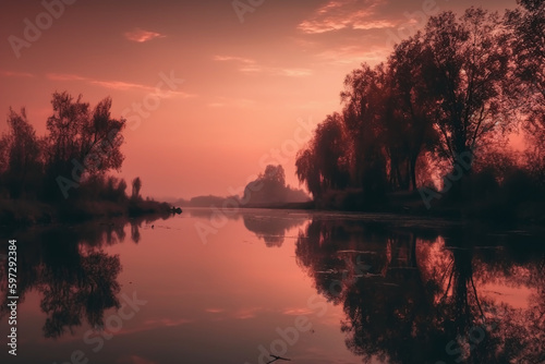 A scene in which the entire pink sky is reflected in the water. AI generative