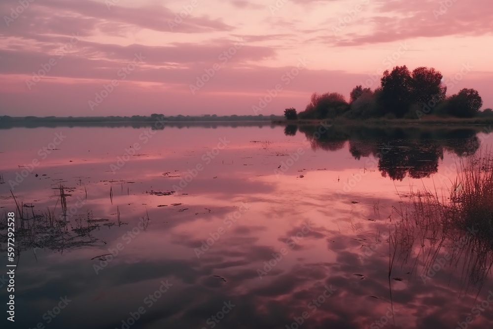 A scene in which the entire pink sky is reflected in the water. AI generative