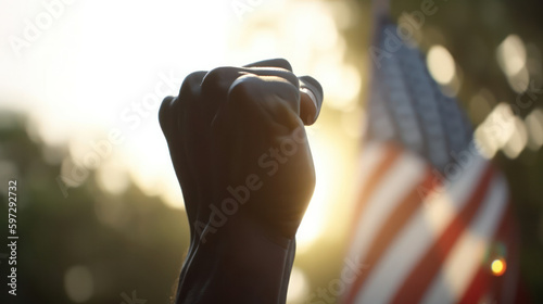 civil rights, equality and power concept - african american man hand showing fist over USA flag background. 