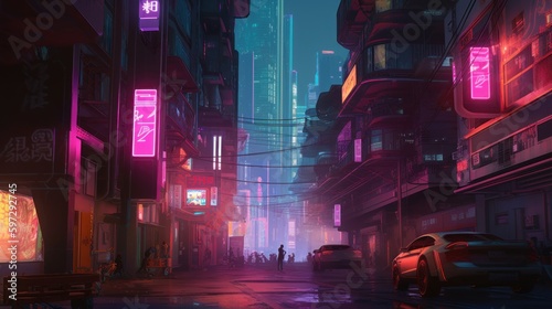 Design a cyberpunk city with neon lights  towering skyscrapers  and gritty alleyways