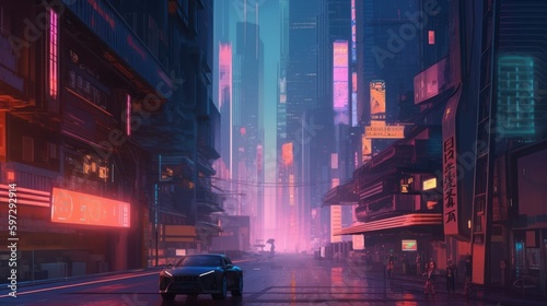Design a cyberpunk city with neon lights, towering skyscrapers, and gritty alleyways