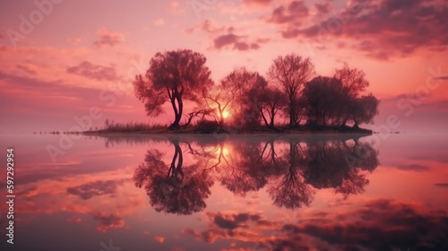 A scene in which the entire pink sky is reflected in the water. AI generative