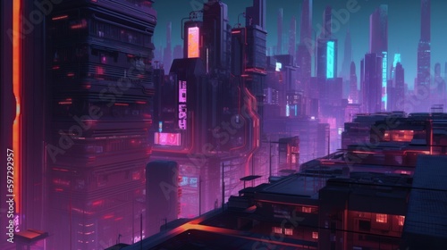Design a cyberpunk city with neon lights, towering skyscrapers, and gritty alleyways