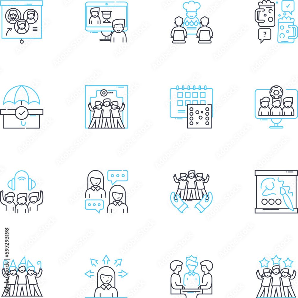 Encounter linear icons set. Meeting, Confrontation, Chance, Run-in, Encounter, Brush, Crossing line vector and concept signs. Event,Incident,Conjunction outline illustrations