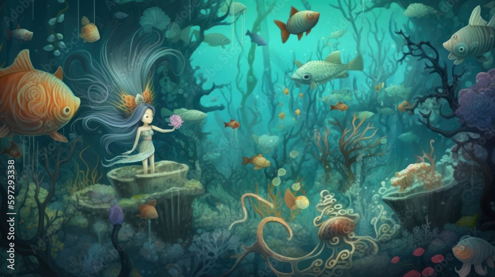 Whimsical underwater world inhabited by mermaids and sea creatures ...