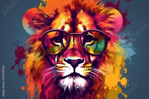 Colorful Pop Art Lion Wearing Sunglasses  Generative AI