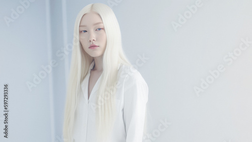 Cute albino asian girl suffering from mental health issues. Generative AI