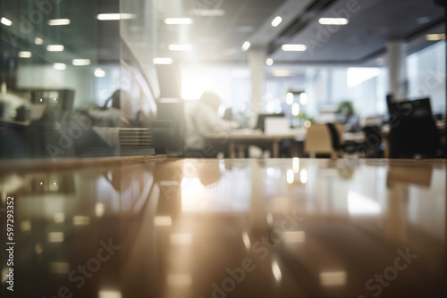 Abstract blurred office interior room. Blurry working space with defocused effect. Generative AI