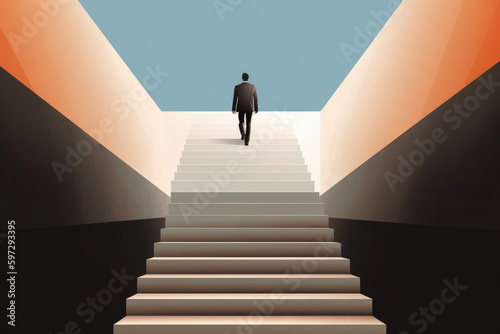 Businessman climbing stairs to reach his goals. Generative AI