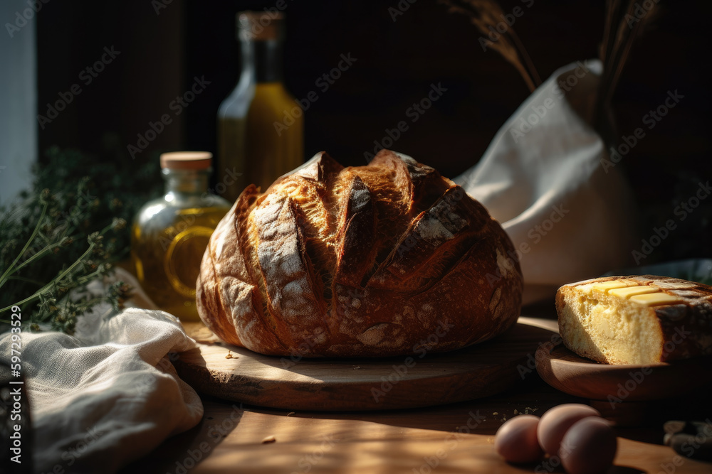 A rustic loaf of bread sitting on a cutting board with a golden crust ...
