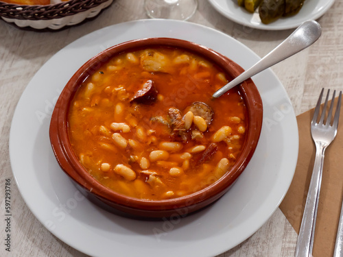 Stewed white beans with sausages, popular dish of spanish cuisine
