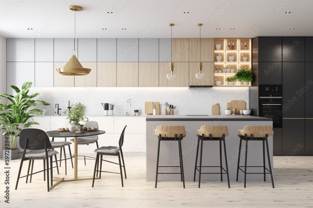 Luxury stylish modern large kitchen interior with furniture and kitchen utensils in an apartment home. Luxury stylish modern large kitchen interior with furniture and kitchen utensils in an apartment home.