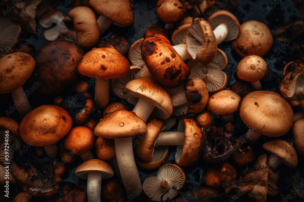 Close-up of mushrooms. Generative AI Close-up of mushrooms. Generative AI