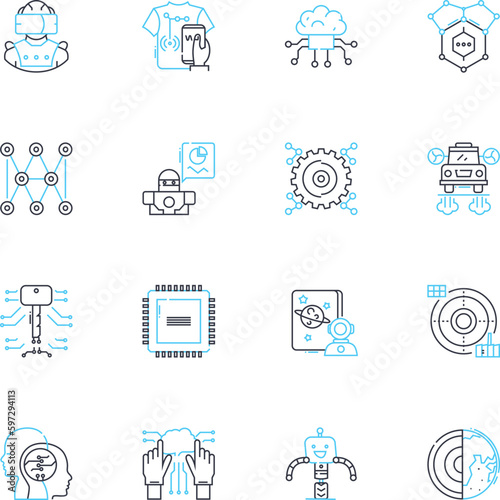 Cybernetics engineering linear icons set. Robotics, Automation, Machine learning, Nanotechnology, Augmentation, Cyborgs, Neural nerks line vector and concept signs. Bioengineering,Human-machine