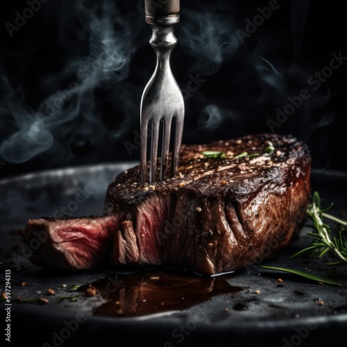 medium-rare beef steak close-up on a black plate on a wooden table. Generative AI