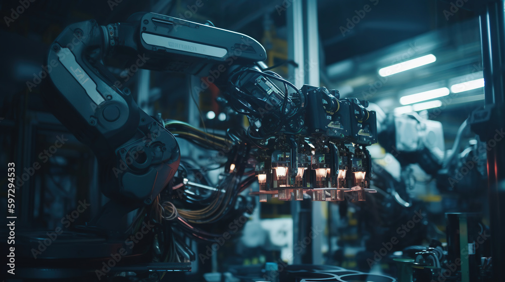 Fototapeta premium Future technology for mechanized industry robot arm control, generative ai