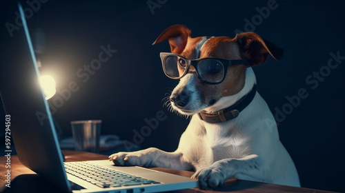 Generative Ai image of a jack russell terrier looking at a laptop © annette shaff