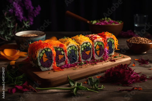 Visually stunning dish of vegan sushi rolls bursting. The rolls are filled with avocado, cucumber, and carrot, and are garnished with pickled ginger. Generative Ai. Generative Ai