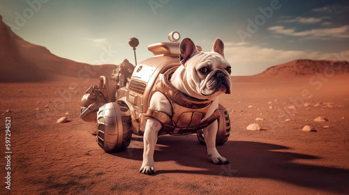 Generative Ai image of a french bulldog on a space rover