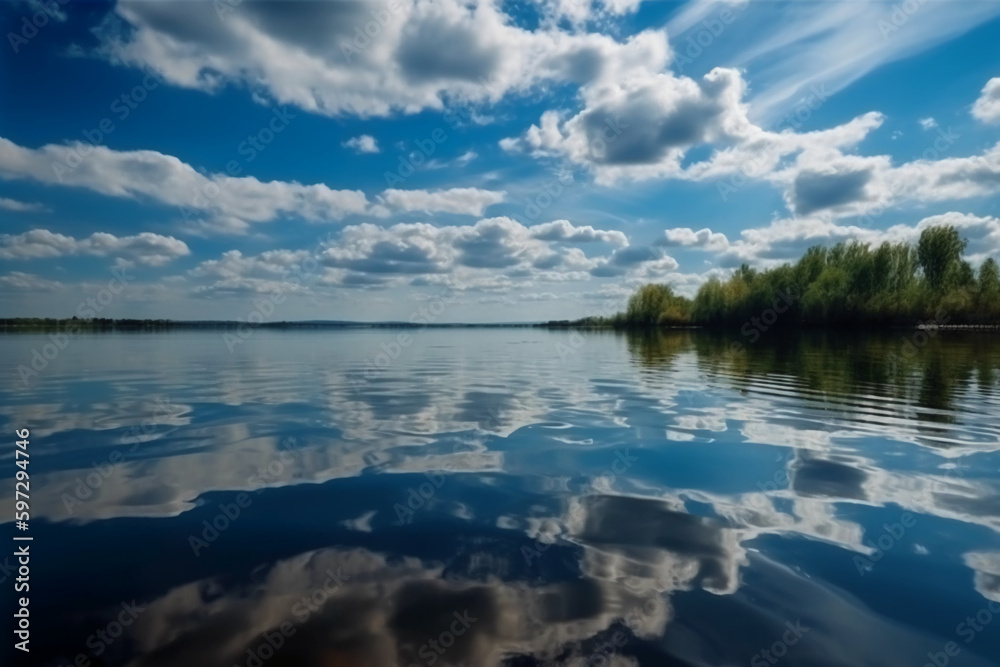A scene in which the entire sky is reflected in the water. AI generative