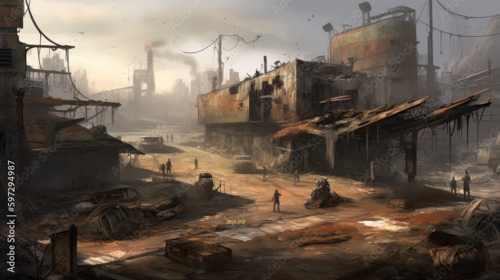 Naklejka premium Design a post apocalyptic wasteland where the survivors must scavenge for resources and fend off mutated monsters