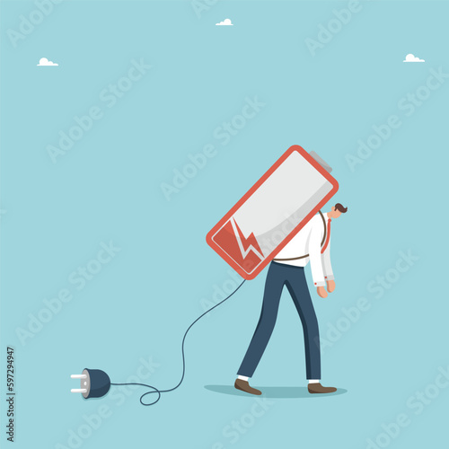 Lack of strength or energy for productive work, emotional burnout or fatigue, loss of inspiration or lack of ideas for business development, man drags a dead battery disconnected from the power source