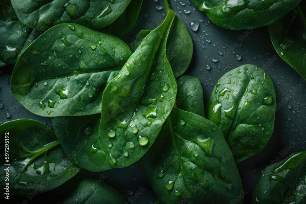 Fototapeta premium Top view on fresh organic spinach leaves. Healthy green food and vegan background. Generative AI