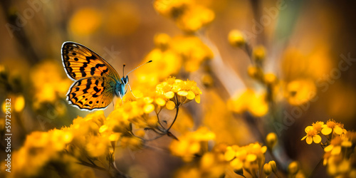 small butterfly on yellow flowers