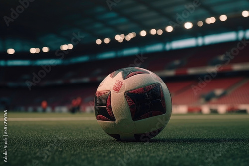 Close Up soccer ball on grass of football field at stadium. Generative AI © Andrii 