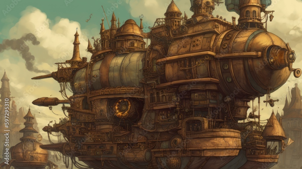 Steampunk city with steam powered machinery, clockwork automatons, and airships