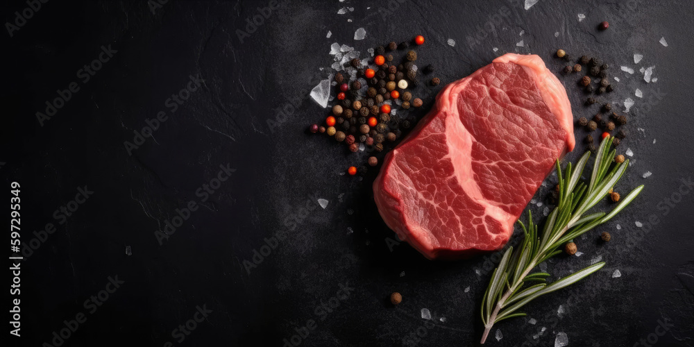Big Slate Background with Raw Steak on the Bottom Left
