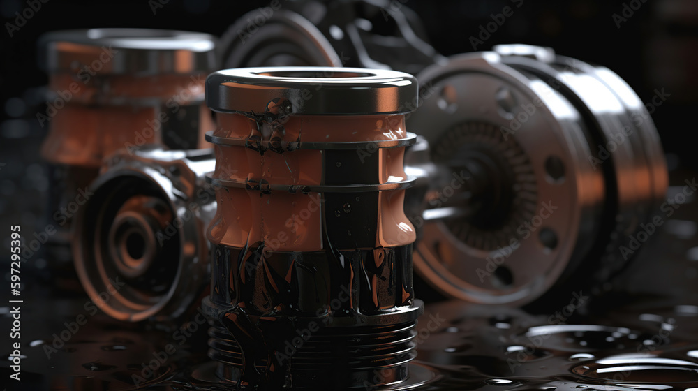 Motor parts as crankshaft, pistons with motor oil splash, generative ai