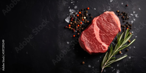 Big Slate Background with Raw Steak on the Bottom Left
