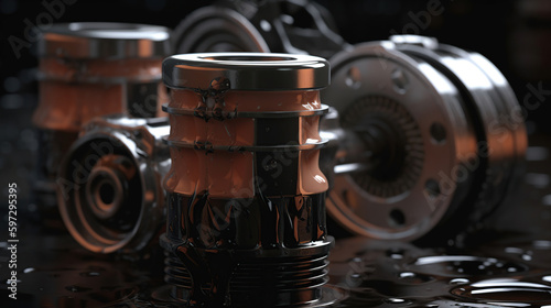 Motor parts as crankshaft, pistons with motor oil splash, generative ai