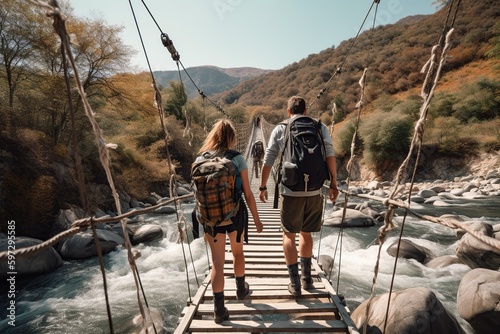 illustration, a couple of hikers crossing a moving bridge, ai generative. photo