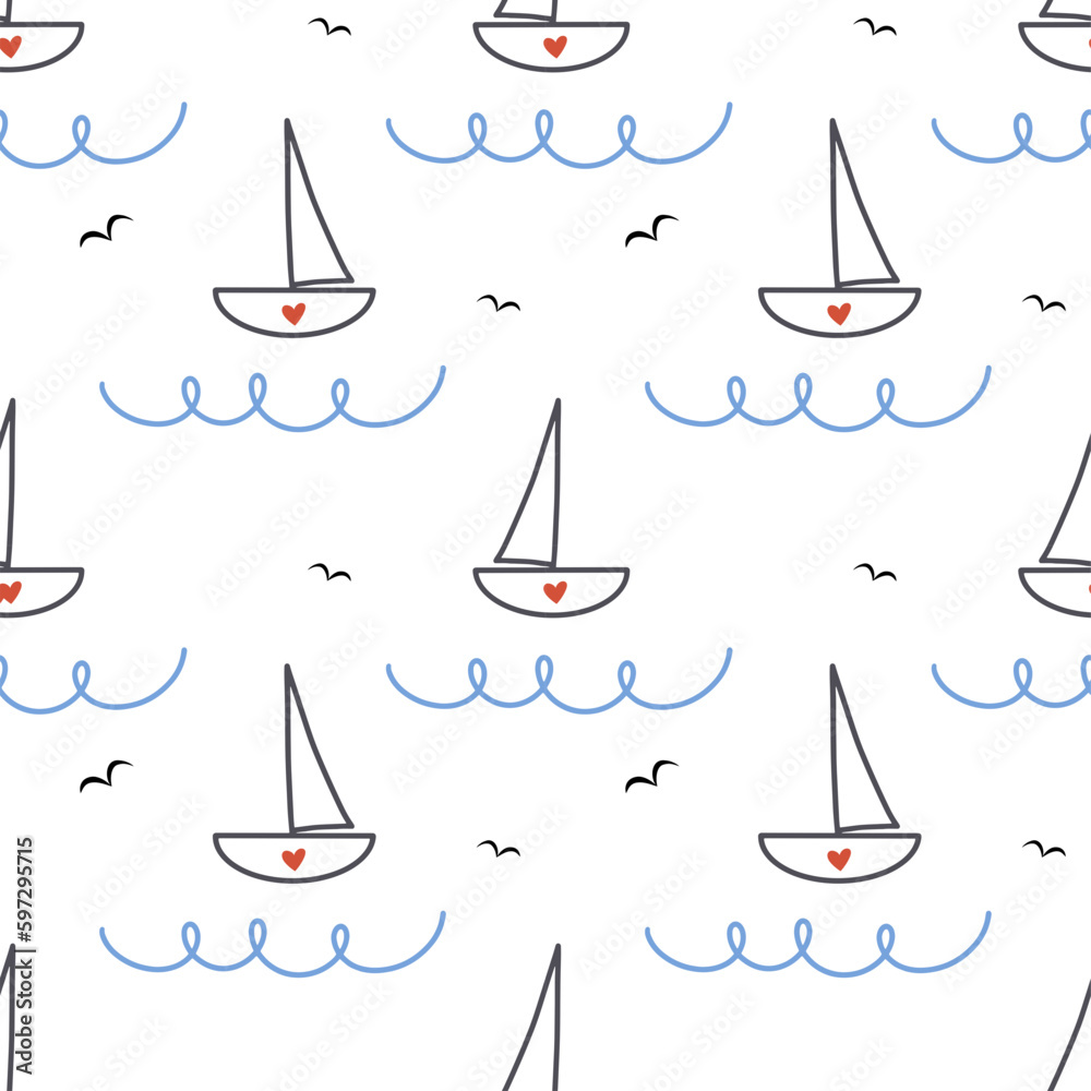 seamless pattern with boat, waves, sea birds, romantic travel, wrapping paper, line art isolated on transparent background, eps doodle childish patterns