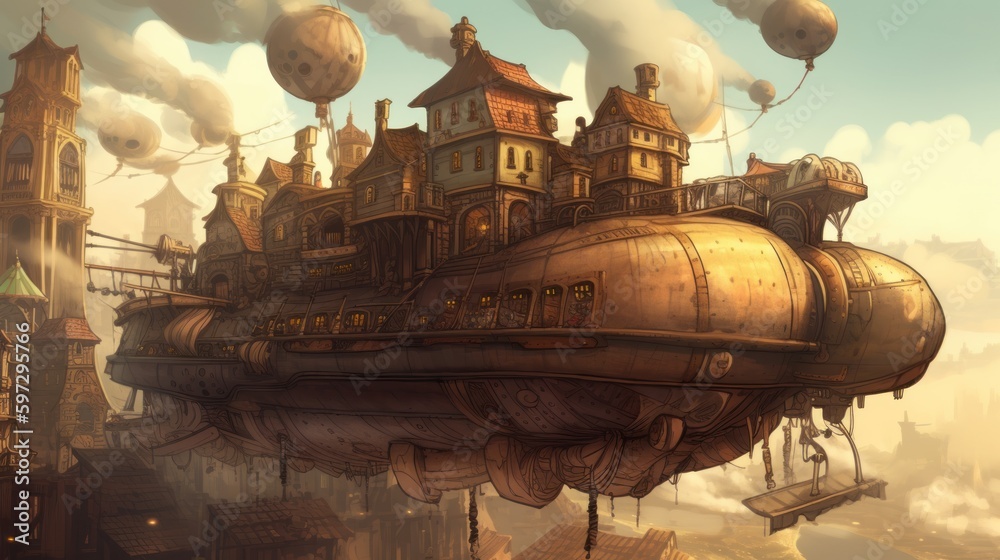 Steampunk city with steam powered machinery, clockwork automatons, and airships Steampunk city with steam powered machinery, clockwork automatons, and airships
