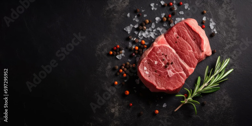 Big Slate Background with Raw Steak in Bottom Right Corner