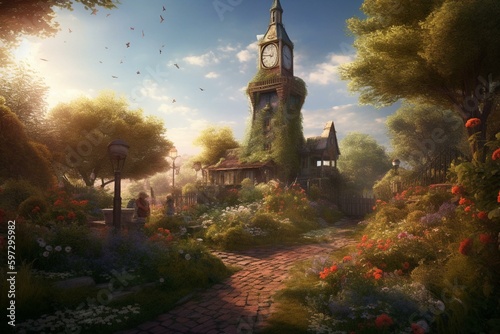 Painting of garden, flowers, path, tower with clock, sky background. Generative AI