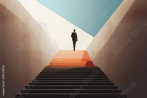 Business strategy for success, businessman climbing up stairs to the top. Generative AI