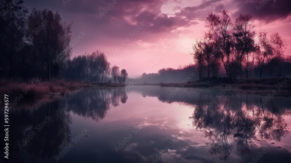 A scene in which the entire purple sky is reflected in the water. AI generative