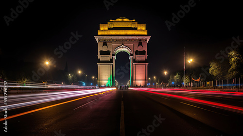 India gate at night with multicolored lights. This landmark is one of the main attractions of Delhi and a popular tourist destination. generative ai © coco