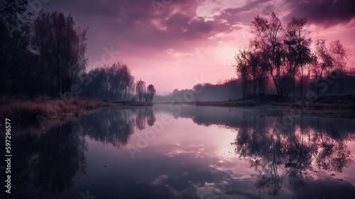 A scene in which the entire purple sky is reflected in the water. AI generative